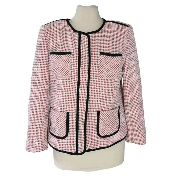 CeCe Cotton Tweed Style Blazer Cropped Black Piping Size 12 Career Twee - Picture 1 of 6